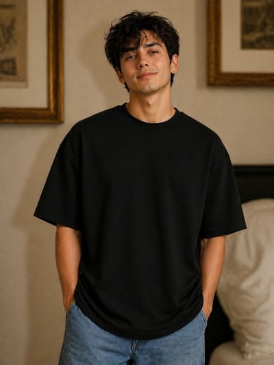 PockMAN Mens Oversized Solid Pure Cotton Terry Black Tshirt