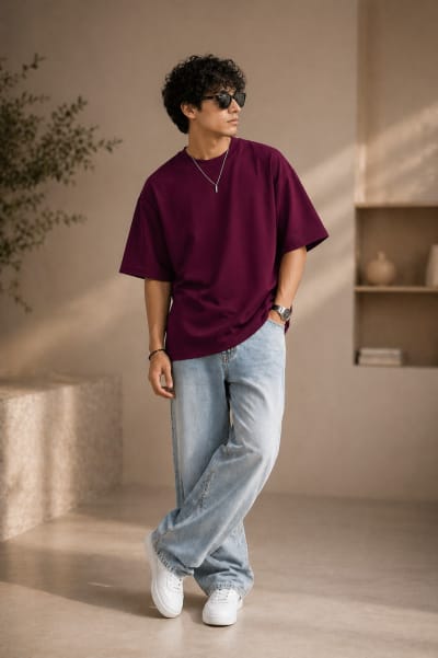 PockMAN Mens Oversized Solid Pure Cotton Terry Maroon Tshirt