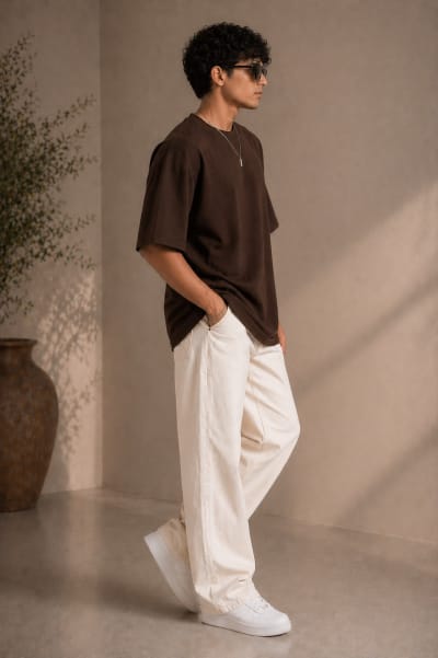 PockMAN Mens Oversized Solid Pure Cotton Terry Dark Brown Tshirt