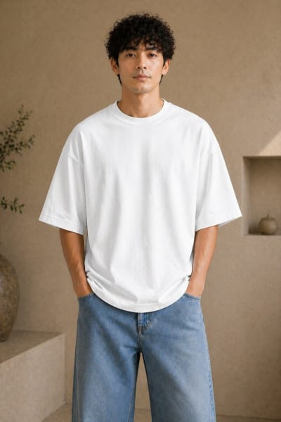 PockMAN Mens Oversized Solid Pure Cotton Terry White Tshirt