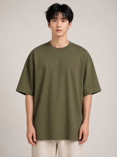 PockMAN Mens Oversized Solid Pure Cotton Terry Dark Olive Tshirt