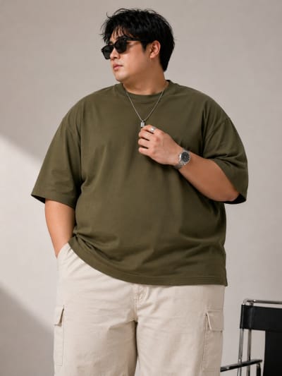 PockMAN Mens Oversized Solid Pure Cotton Terry Dark Olive Tshirt