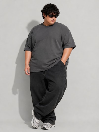 PockMAN Mens Oversized Solid Pure Cotton Terry Charcoal Grey Tshirt