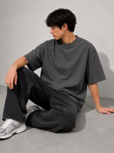PockMAN Mens Oversized Solid Pure Cotton Terry Charcoal Grey Tshirt