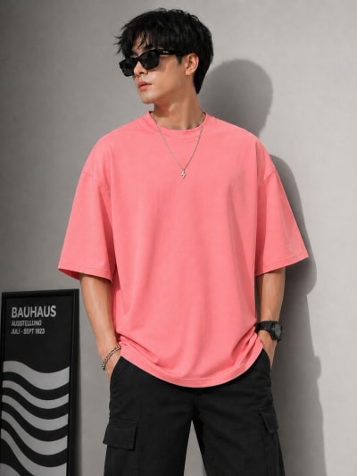PockMAN Mens Oversized Solid Pure Cotton Terry Light Red Tshirt