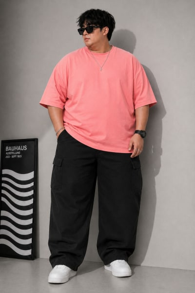 PockMAN Mens Oversized Solid Pure Cotton Terry Light Red Tshirt