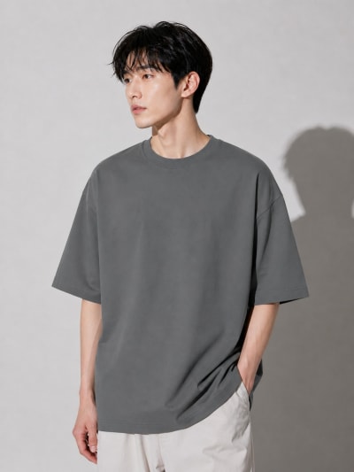 PockMAN Mens Oversized Solid Pure Cotton Terry Light Grey Tshirt