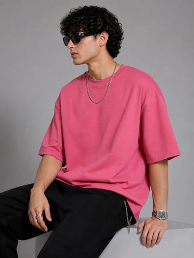 PockMAN Mens Oversized Solid Pure Cotton Terry Coral Pink Tshirt