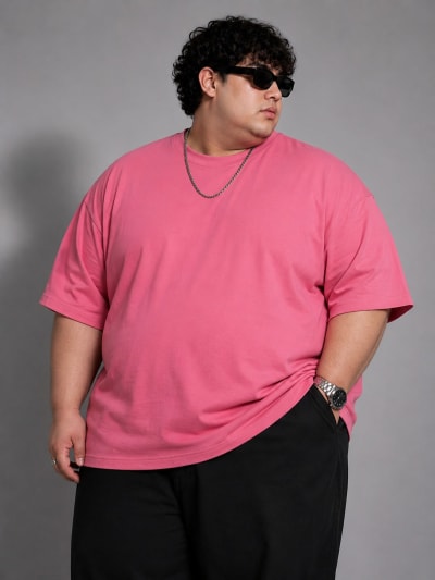 PockMAN Mens Oversized Solid Pure Cotton Terry Coral Pink Tshirt