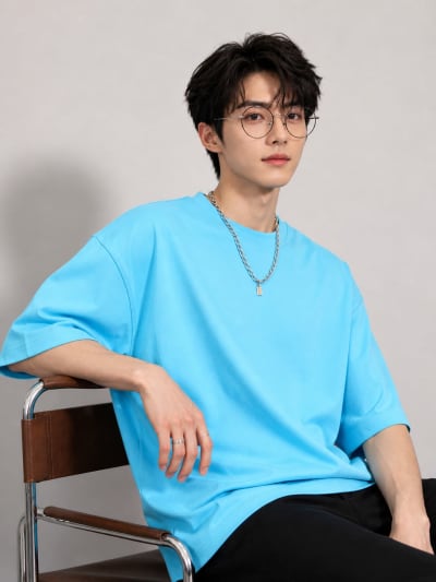 PockMAN Mens Oversized Solid Pure Cotton Terry Cloudy Blue Tshirt