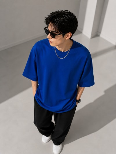 PockMAN Mens Oversized Solid Pure Cotton Terry Royal Blue Tshirt