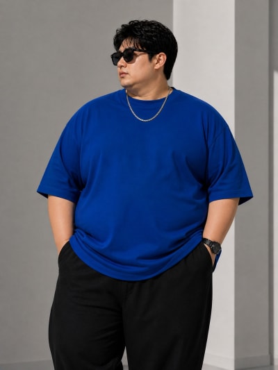 PockMAN Mens Oversized Solid Pure Cotton Terry Royal Blue Tshirt