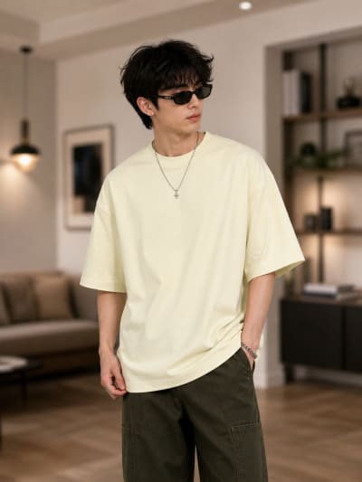 PockMAN Mens Oversized Solid Pure Cotton Terry Fawn Beige Tshirt