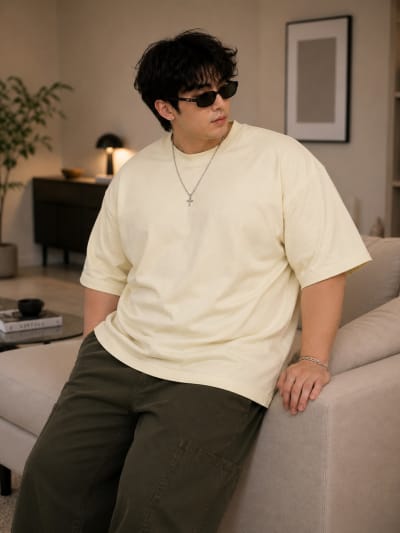 PockMAN Mens Oversized Solid Pure Cotton Terry Fawn Beige Tshirt