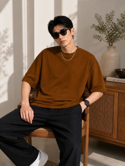 PockMAN Mens Oversized Solid Pure Cotton Terry Brown  Tshirt