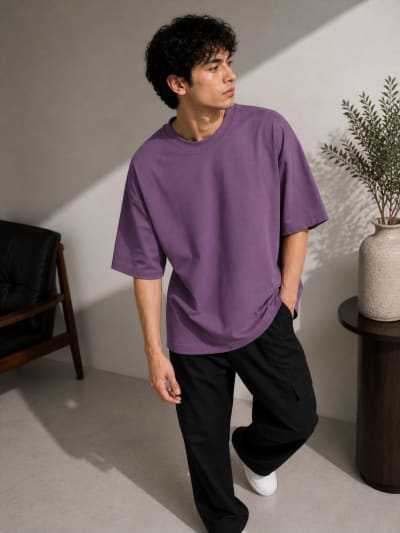 PockMAN Mens Oversized Solid Pure Cotton Terry Mauve Tshirt