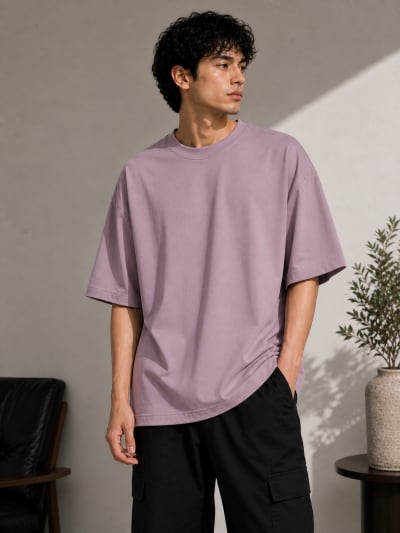 PockMAN Mens Oversized Solid Pure Cotton Terry Dusty Lavender Tshirt