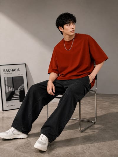 PockMAN Mens Oversized Solid Pure Cotton Terry Rust Red Tshirt