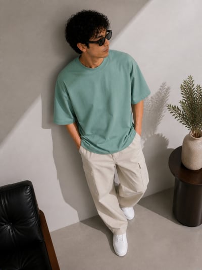 PockMAN Mens Oversized Solid Pure Cotton Terry Greyish Teal Tshirt