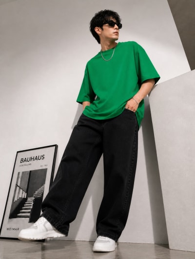 PockMAN Mens Oversized Solid Pure Cotton Terry Green Tshirt