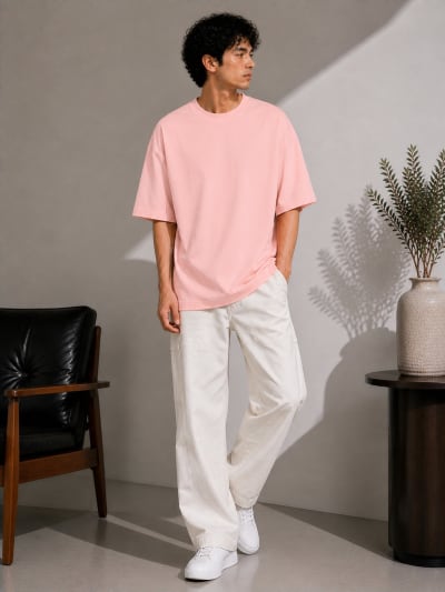 PockMAN Mens Oversized Solid Pure Cotton Terry Rose Gold  Tshirt
