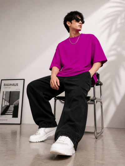 PockMAN Mens Oversized Solid Pure Cotton Terry Dark Fuchsia Tshirt