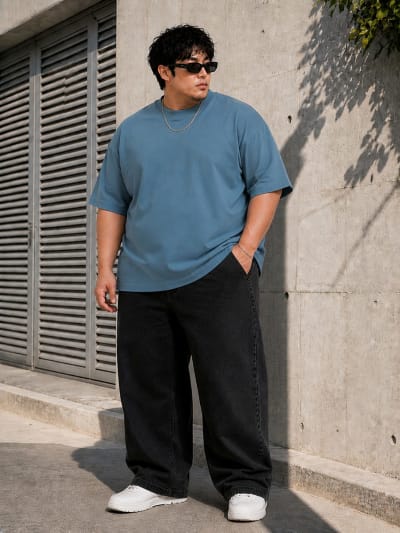 PockMAN Mens Oversized Solid Pure Cotton Terry Moonstone Blue Tshirt