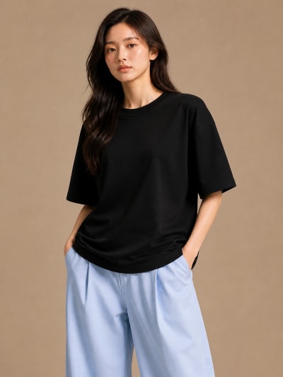 PockMAN Women Oversized Solid Pure Cotton Terry Black Tshirt