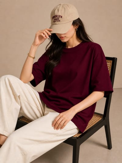 PockMAN Women Oversized Solid Pure Cotton Terry Maroon Tshirt