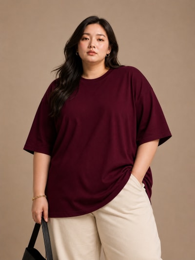 PockMAN Women Oversized Solid Pure Cotton Terry Maroon Tshirt