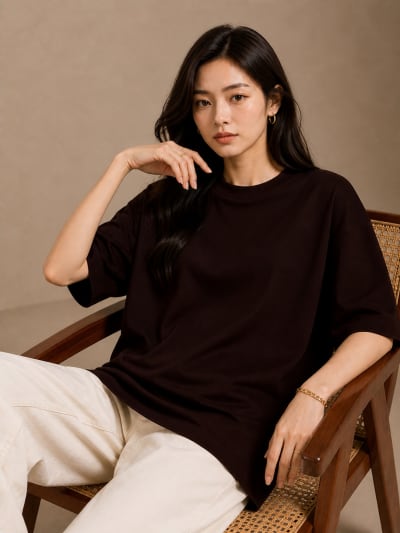 PockMAN Women Oversized Solid Pure Cotton Terry Dark Brown Tshirt