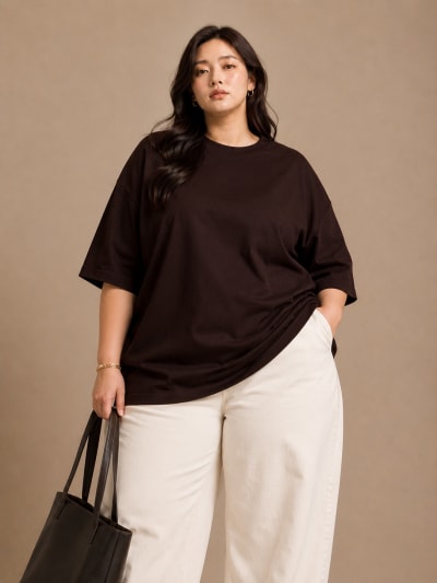 PockMAN Women Oversized Solid Pure Cotton Terry Dark Brown Tshirt