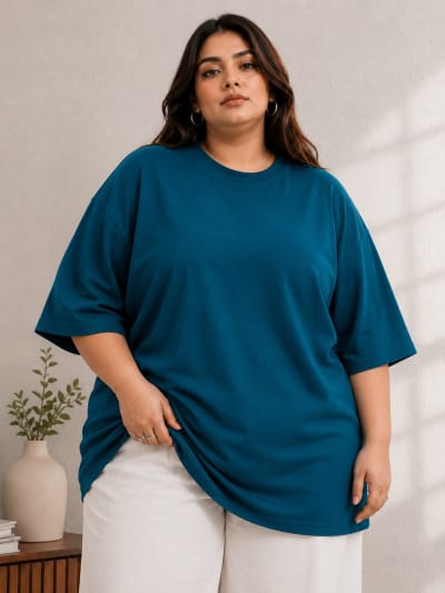 PockMAN Women Oversized Solid Pure Cotton Terry Teal Tshirt