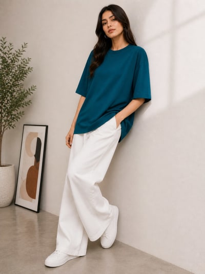 PockMAN Women Oversized Solid Pure Cotton Terry Teal Tshirt