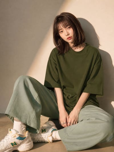 PockMAN Women Oversized Solid Pure Cotton Terry Dark Olive Tshirt