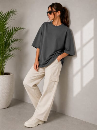 PockMAN Women Oversized Solid Pure Cotton Terry Charcoal Grey Tshirt