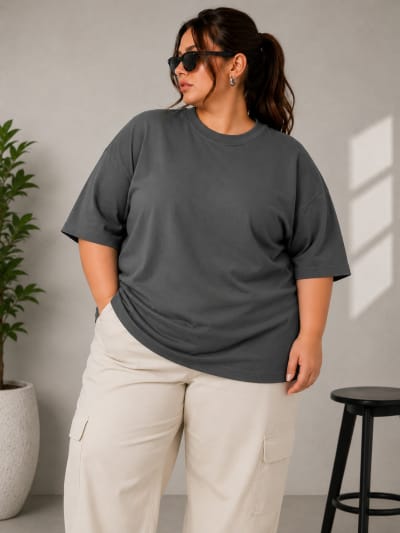 PockMAN Women Oversized Solid Pure Cotton Terry Charcoal Grey Tshirt