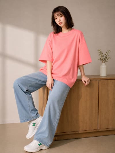 PockMAN Women Oversized Solid Pure Cotton Terry Light Red Tshirt