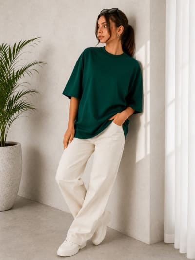 PockMAN Women Oversized Solid Pure Cotton Terry Bottle Green Tshirt