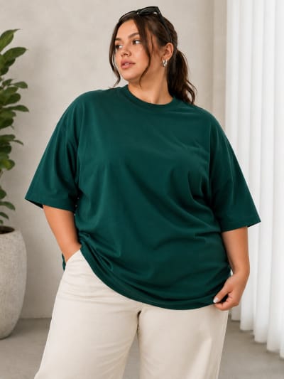 PockMAN Women Oversized Solid Pure Cotton Terry Bottle Green Tshirt
