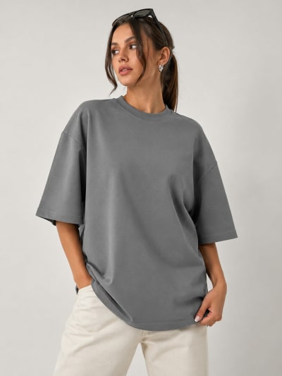 PockMAN Women Oversized Solid Pure Cotton Terry Light Grey Tshirt