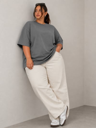 PockMAN Women Oversized Solid Pure Cotton Terry Light Grey Tshirt