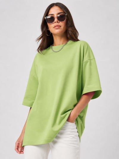 PockMAN Women Oversized Solid Pure Cotton Terry Dull Green Tshirt