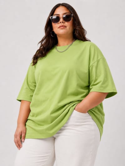 PockMAN Women Oversized Solid Pure Cotton Terry Dull Green Tshirt