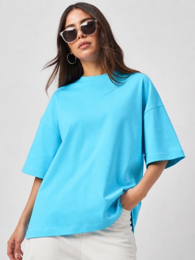 PockMAN Women Oversized Solid Pure Cotton Terry Cloudy Blue Tshirt