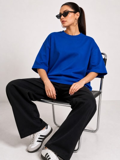 PockMAN Women Oversized Solid Pure Cotton Terry Royal Blue Tshirt
