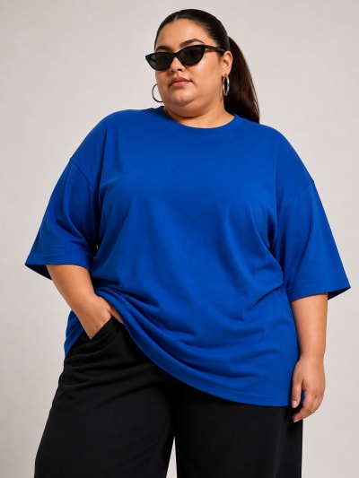 PockMAN Women Oversized Solid Pure Cotton Terry Royal Blue Tshirt