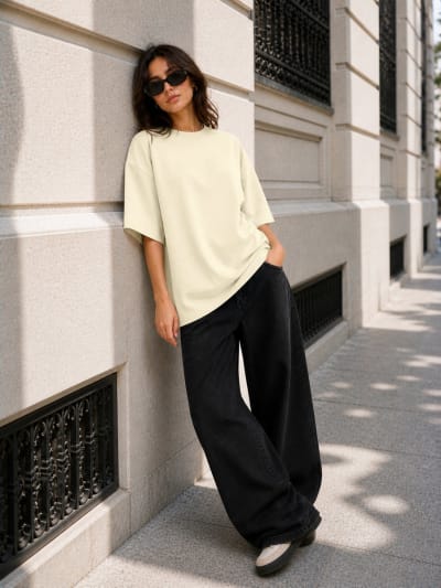 PockMAN Women Oversized Solid Pure Cotton Terry Fawn Beige Tshirt