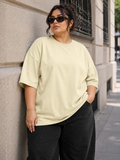 PockMAN Women Oversized Solid Pure Cotton Terry Fawn Beige Tshirt