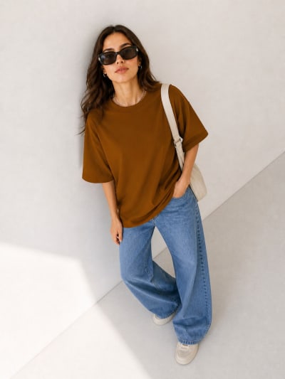 PockMAN Women Oversized Solid Pure Cotton Terry Brown  Tshirt